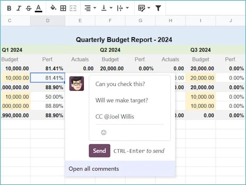 Tính năng bình luận trực tiếp trong các spreadsheets